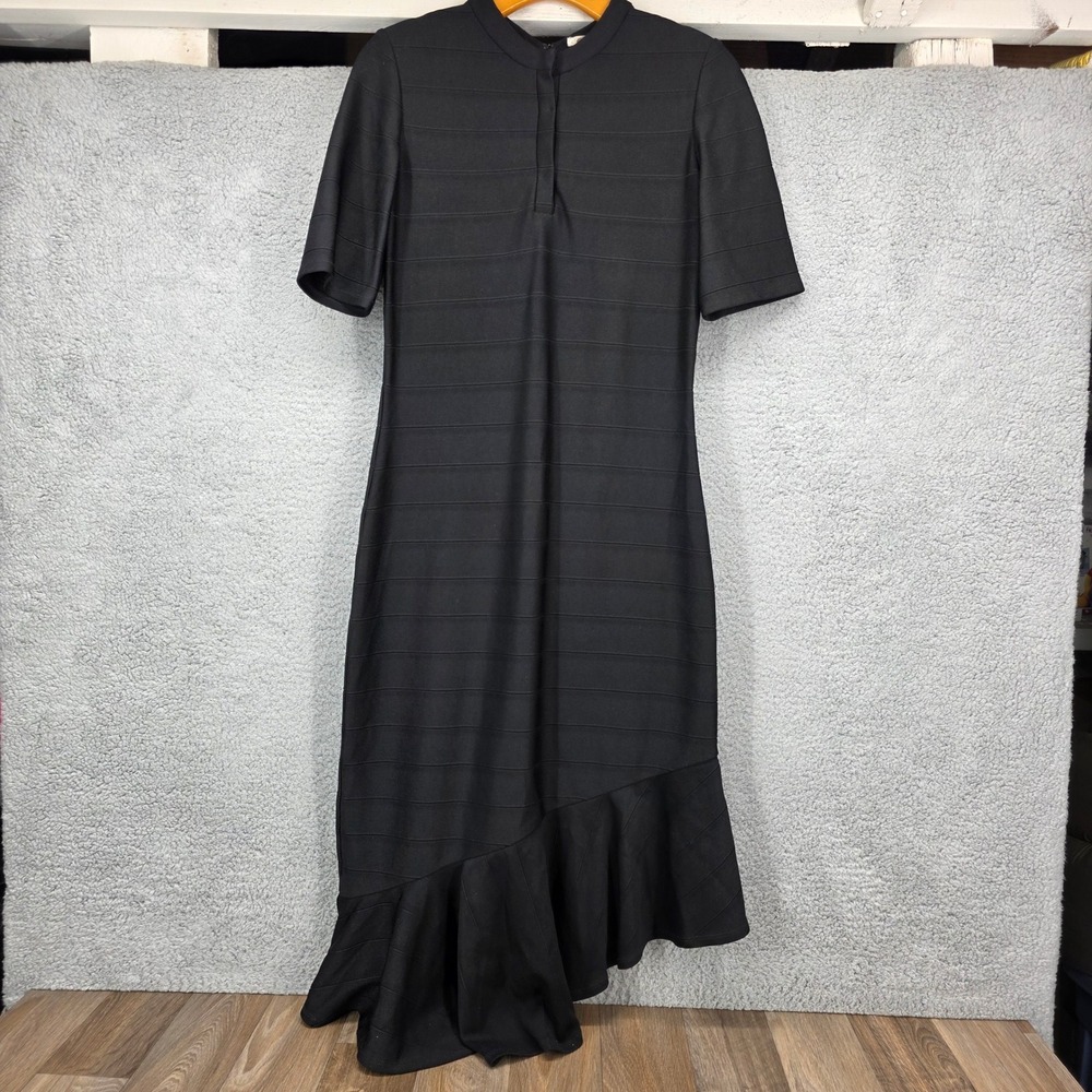 Shoshanna Women's Size 6 Black Short Sleeve Midi Dress Asymmetrical Ruffle Hem‎